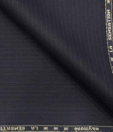 Raymond Dark Navy Blue Polyester Viscose Self Striped Unstitched Suiting Fabric - 3.75 Meter