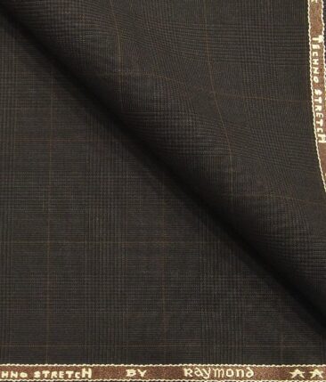 Raymond Techno Stretch Dark Brown Polyester Viscose Self Checks Unstitched Stretchable Suiting Fabric - 3.75 Meter