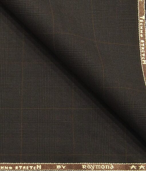 Raymond Techno Stretch Dark Brown Polyester Viscose Self Checks Unstitched Stretchable Suiting Fabric - 3.75 Meter