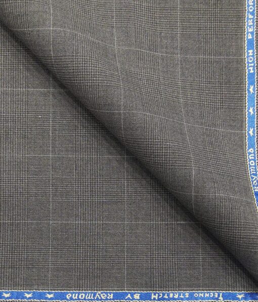 Raymond Techni Stretch Medium Grey Polyester Viscose Self Checks Unstitched Stretchable Suiting Fabric - 3.75 Meter