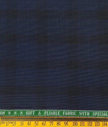 Raymond Dark Royal Blue Polyester Viscose Black Self Checks Unstitched Suiting Fabric - 3.75 Meter
