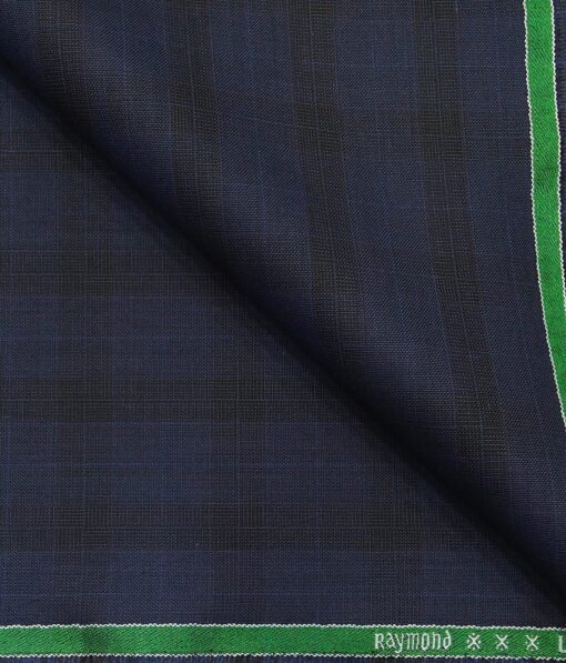 Raymond Dark Royal Blue Polyester Viscose Black Self Checks Unstitched Suiting Fabric - 3.75 Meter
