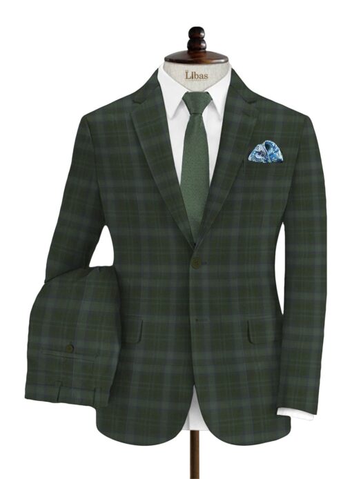 Augustus Men's Dark Green Terry Rayon Broad Checks Unstitched  Suiting Fabric - Image 1