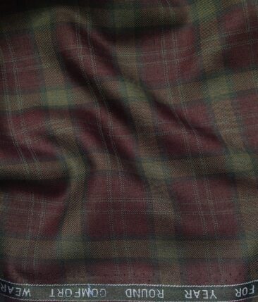 Augustus Men's Maroon Terry Rayon Broad Checks Unstitched  Suiting Fabric - 3.75 Meter