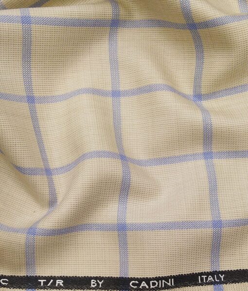 Cadini Italy Men's by Siyaram's Beige Terry Rayon Blue Broad Checks Unstitched Suiting Fabric - 3.75 Meter