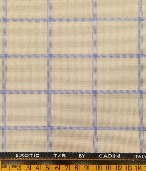 Cadini Italy Men's by Siyaram's Beige Terry Rayon Blue Broad Checks Unstitched Suiting Fabric - 3.75 Meter