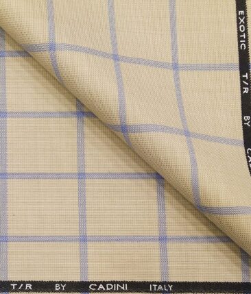 Cadini Italy Men's by Siyaram's Beige Terry Rayon Blue Broad Checks Unstitched Suiting Fabric - 3.75 Meter