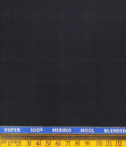 Cadini Italy Men's by Siyaram's Dark Blue 20% Merino Wool Super 90's Green Checks Unstitched Suiting Fabric - 3.75 Meter