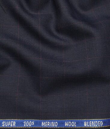 Cadini Italy Men's by Siyaram's Dark Blue 20% Merino Wool Super 90's Pink Checks Unstitched Suiting Fabric - 3.75 Meter