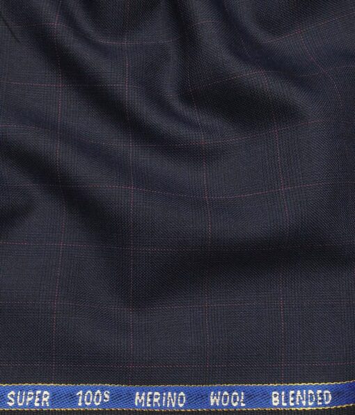Cadini Italy Men's by Siyaram's Dark Blue 20% Merino Wool Super 90's Pink Checks Unstitched Suiting Fabric - 3.75 Meter
