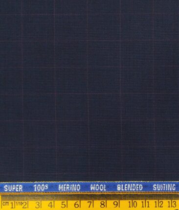 Cadini Italy Men's by Siyaram's Dark Blue 20% Merino Wool Super 90's Pink Checks Unstitched Suiting Fabric - 3.75 Meter
