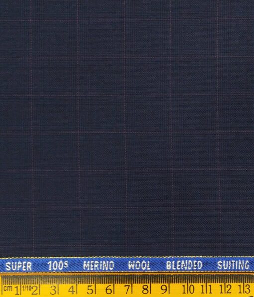 Cadini Italy Men's by Siyaram's Dark Blue 20% Merino Wool Super 90's Pink Checks Unstitched Suiting Fabric - 3.75 Meter