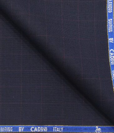 Cadini Italy Men's by Siyaram's Dark Blue 20% Merino Wool Super 90's Pink Checks Unstitched Suiting Fabric - 3.75 Meter