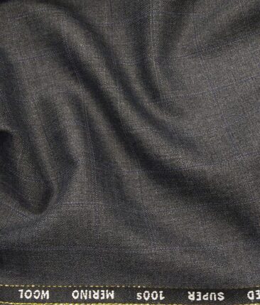 Cadini Italy Men's by Siyaram's Worsted Grey 20% Merino Wool Super 100's Blue Checks Unstitched Suiting Fabric - 3.75 Meter