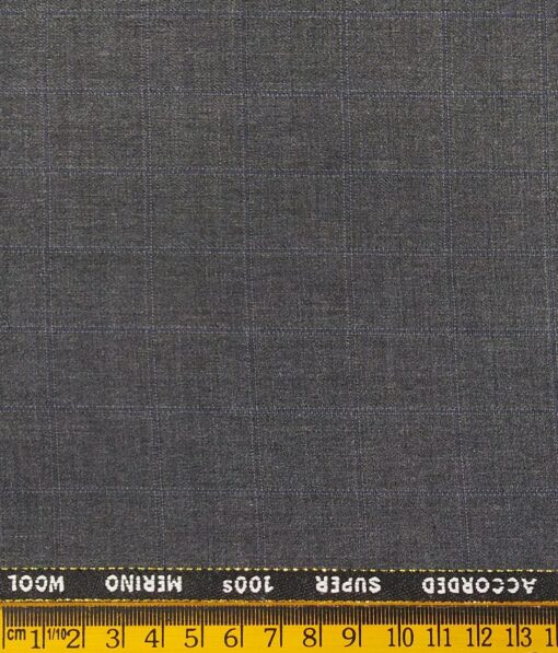 Cadini Italy Men's by Siyaram's Worsted Grey 20% Merino Wool Super 100's Blue Checks Unstitched Suiting Fabric - 3.75 Meter