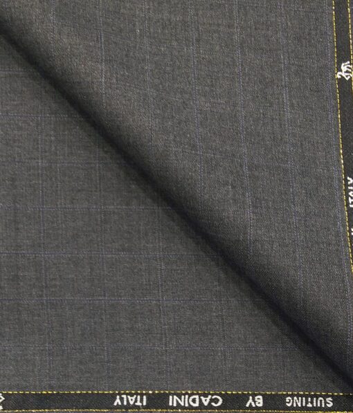 Cadini Italy Men's by Siyaram's Worsted Grey 20% Merino Wool Super 100's Blue Checks Unstitched Suiting Fabric - 3.75 Meter
