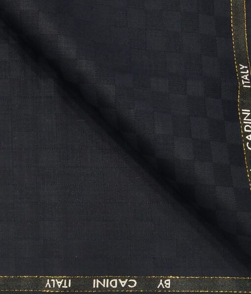 Cadini Italy Men's by Siyaram's Dark Navy Blue Super 90's 20% Merino Wool Self Squares Unstitched Trouser or Modi Jacket Fabric (1.30 Mtr)