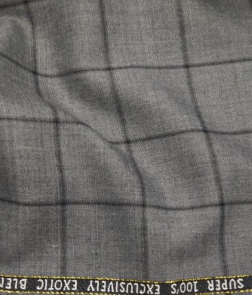J.Hampstead Italy Men's by Siyaram's Grey 20% Merino Wool Super 100's Black Checks Unstitched Suiting Fabric - 3.75 Meter