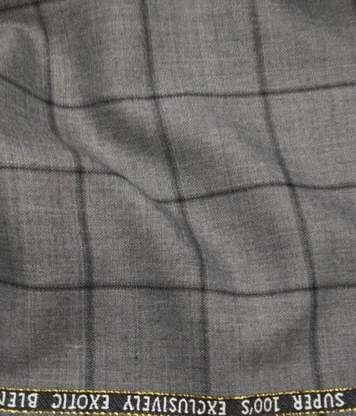 J.Hampstead Italy Men's by Siyaram's Grey 20% Merino Wool Super 100's Black Checks Unstitched Suiting Fabric - 3.75 Meter