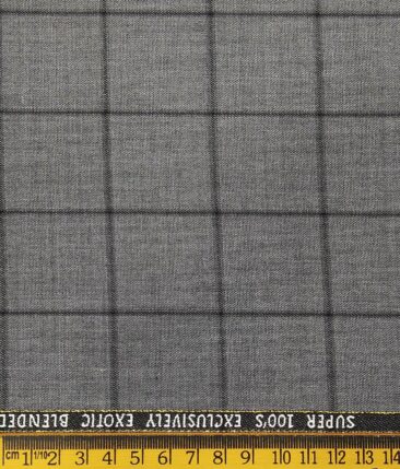 J.Hampstead Italy Men's by Siyaram's Grey 20% Merino Wool Super 100's Black Checks Unstitched Suiting Fabric - 3.75 Meter