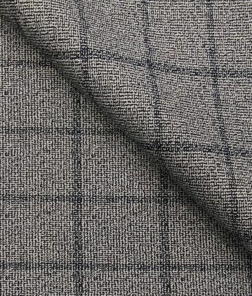 Mark & Peanni Men's Light Grey Terry Rayon Black Checks cum Structured Unstitched Suiting Fabric - 3.75 Meter