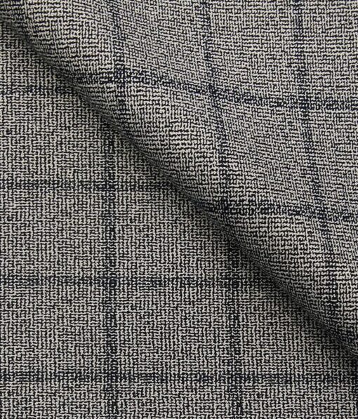 Mark & Peanni Men's Light Grey Terry Rayon Black Checks cum Structured Unstitched Suiting Fabric - 3.75 Meter