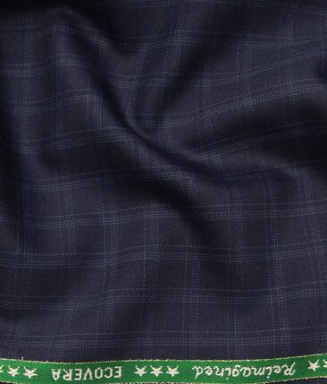 Raymond Men's Ecovera Dark Navy Blue 35% Merino Wool Light Blue Checks Unstitched Suiting Fabric - 3.75 Meter