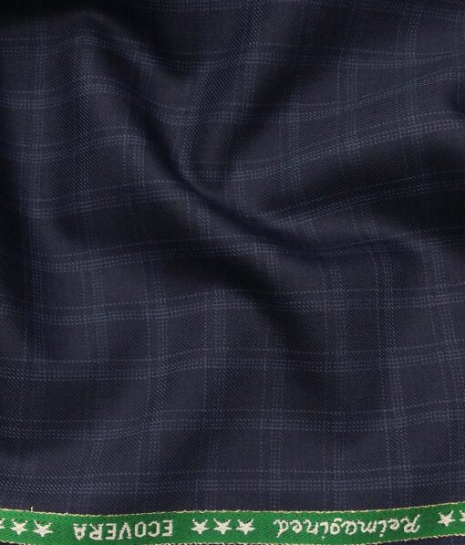 Raymond Men's Ecovera Dark Navy Blue 35% Merino Wool Light Blue Checks Unstitched Suiting Fabric - 3.75 Meter