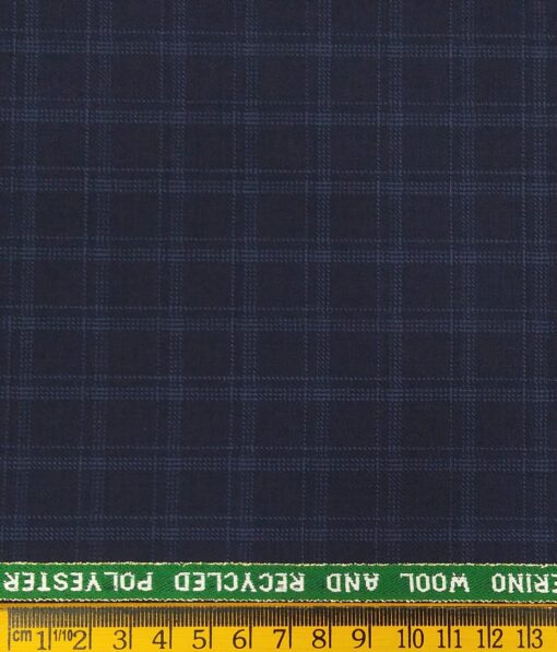 Raymond Men's Ecovera Dark Navy Blue 35% Merino Wool Light Blue Checks Unstitched Suiting Fabric - 3.75 Meter