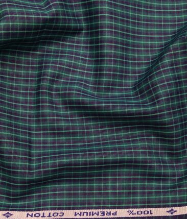Arvind Men's 100% Premium Cotton Dark Blue Checks Shirt Fabric ( Green