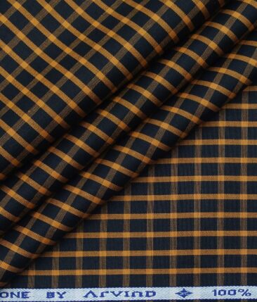 Arvind Men's 100% Premium Cotton Orange Checks Shirt Fabric ( Black