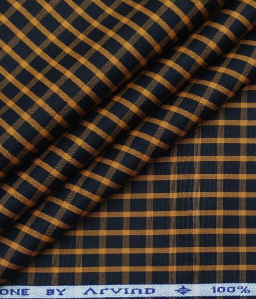 Arvind Men's 100% Premium Cotton Orange Checks Shirt Fabric ( Black