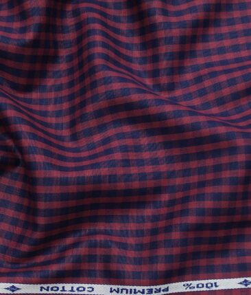 Arvind Men's 100% Premium Cotton Blue Checks Shirt Fabric ( Red