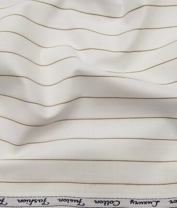 Exquisite Men's Polyester Cotton Brown Stripes Unstitched Shirt Fabric (White