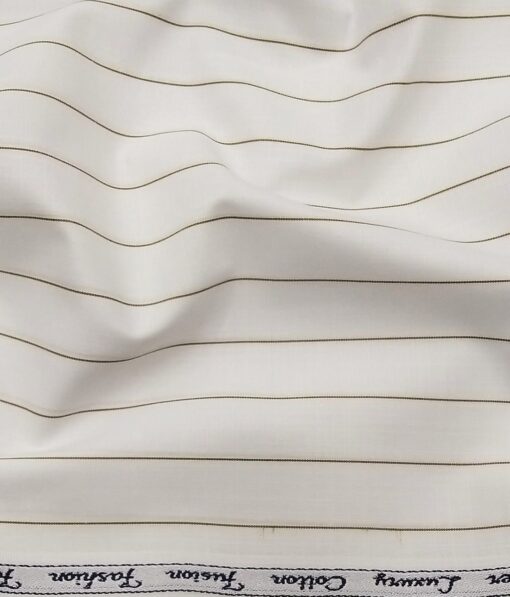 Exquisite Men's Polyester Cotton Brown Stripes Unstitched Shirt Fabric (White