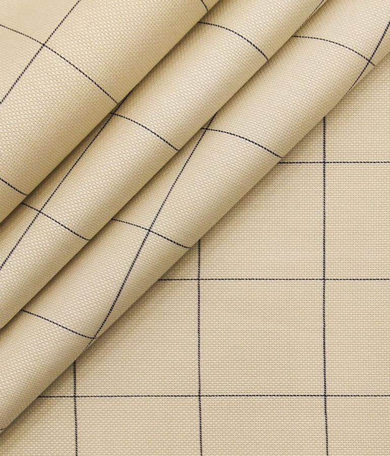 Monza Men's 100% Giza Cotton Blue Checks Oxford Weave Unstitched Shirt Fabric (Oat Beige
