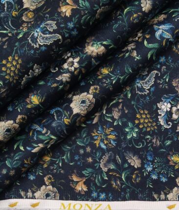 Monza Men's 100% Premium Cotton Multicolor Digital Floral Print Unstitched Shirt Fabric (Dark Blue