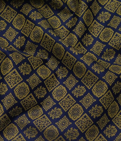 Nemesis Men's 100% Giza Cotton Gold Vintage Print Unstitched Shirt Fabric (Dark Blue