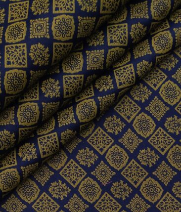 Nemesis Men's 100% Giza Cotton Gold Vintage Print Unstitched Shirt Fabric (Dark Blue