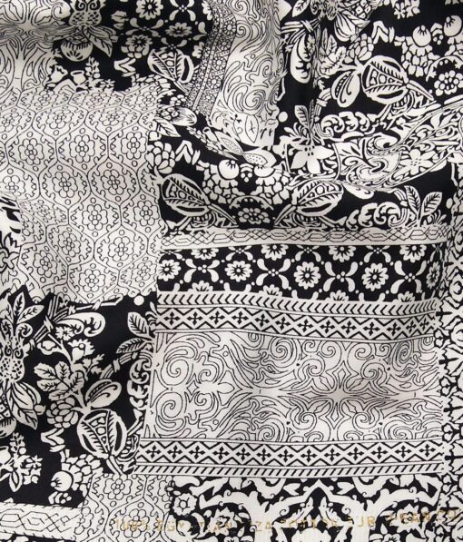 Nemesis Men's 100% Giza Cotton Black Damask Printed Unstitched Shirt Fabric (White