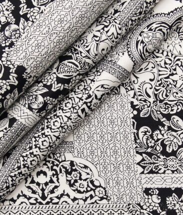 Nemesis Men's 100% Giza Cotton Black Damask Printed Unstitched Shirt Fabric (White