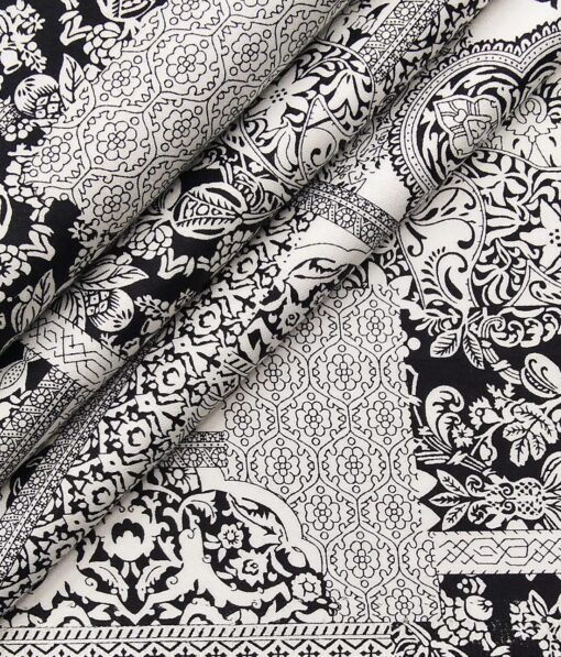 Nemesis Men's 100% Giza Cotton Black Damask Printed Unstitched Shirt Fabric (White