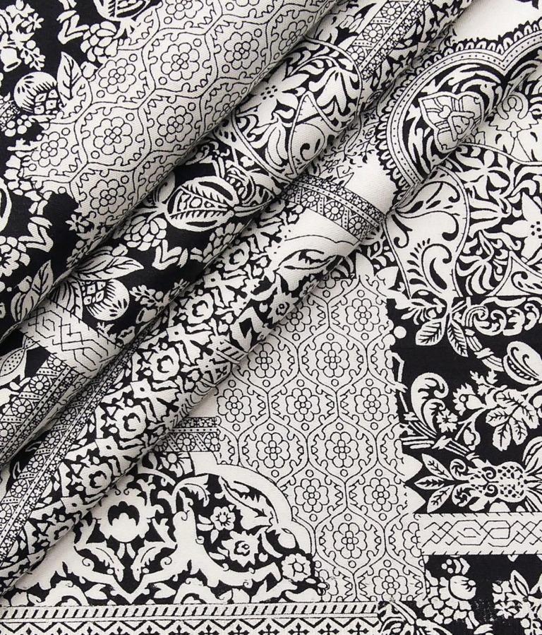 Nemesis Men's 100% Giza Cotton Black Damask Printed Unstitched Shirt Fabric (White