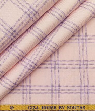 Soktas Men's 100% Egyptian Giza Cotton Purple Broad Checks Unstitched Shirt Fabric (Light Pink