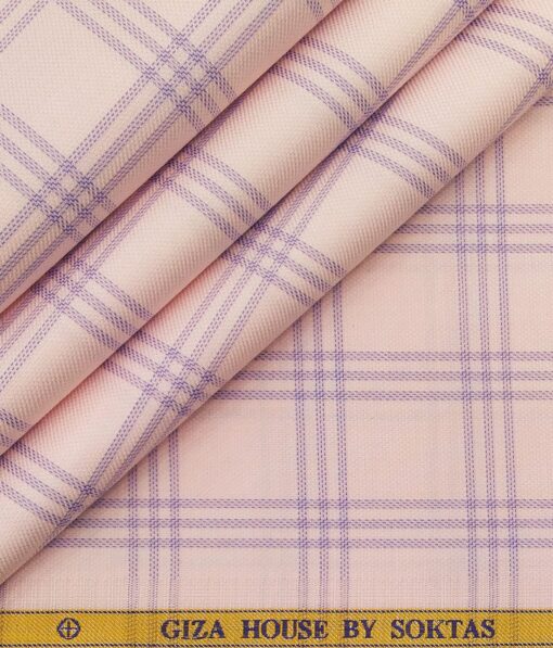 Soktas Men's 100% Egyptian Giza Cotton Purple Broad Checks Unstitched Shirt Fabric (Light Pink
