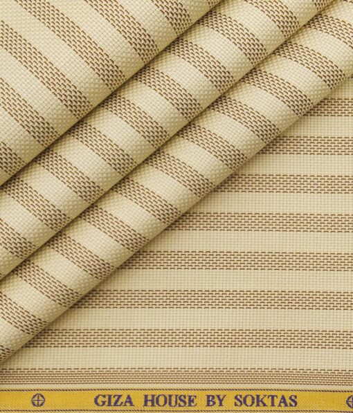 Soktas Men's 100% Egyptian Giza Cotton Brown Stripes Unstitched Shirt Fabric (Beige