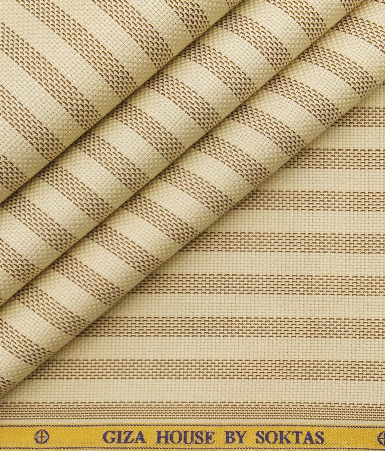 Soktas Men's 100% Egyptian Giza Cotton Brown Stripes Unstitched Shirt Fabric (Beige