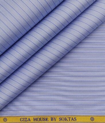 Soktas Men's Super 120's 100% Egyptian Giza Cotton 2 Ply Blue Stripes Unstitched Shirt Fabric (Light Blue)