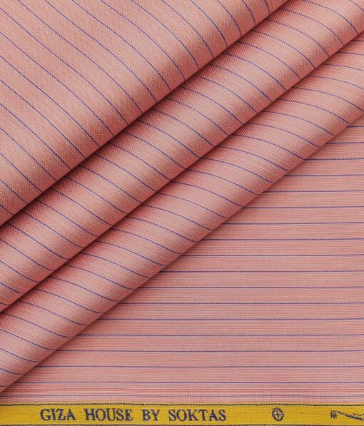 Soktas Men's Super 120's 100% Egyptian Giza Cotton 2 Ply Blue Stripes Unstitched Shirt Fabric (Peachish Pink)