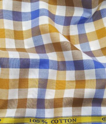 Soktas Men's 100% Cotton Blue & Yellow Checks Unstitched Shirt Fabric (White